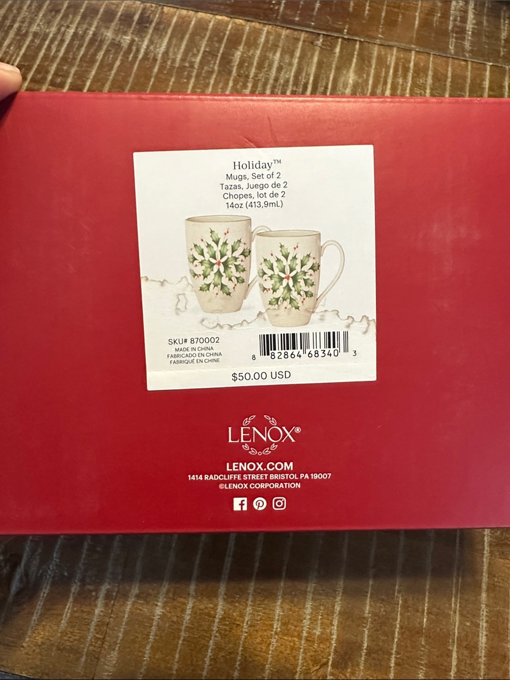 Lenox Holiday Cream Mugs with Green Holly and Red Berry Accents - Set of 2